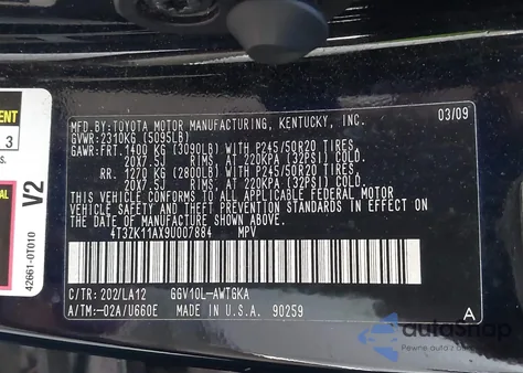 2009 Toyota Venza Base V6 из США, поврежденный, VIN 4T3ZK11AX9U007884